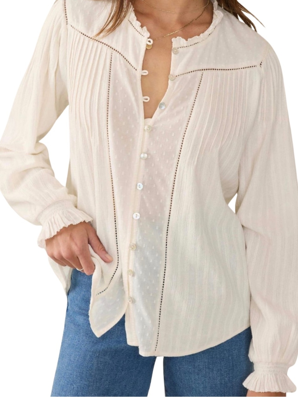 Faherty Lily Relaxed Fit Romantic Cotton Blouse | Egret | Size XS